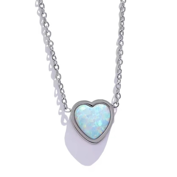 Moon Goddess Emporium Jewelry - 18K White Gold White Fire Opal Heart Natural Gemstone Minimalist Necklace Dainty